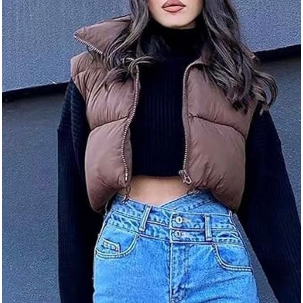 Cropped Puffer Vest Women Zip Up Stand Collar Sleeveless‎ Padded Crop Puffy